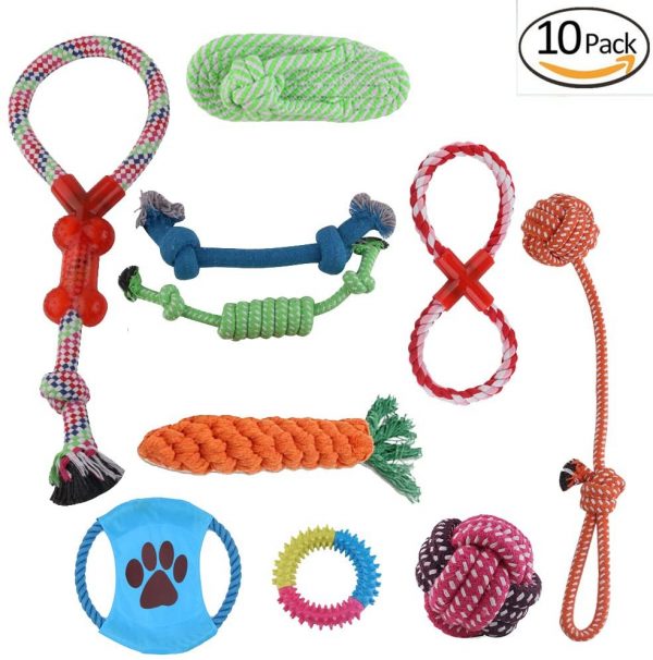 Pet Dog Cotton Rope Toys bundle, cats and dogs chew toys,1* balls,1* bones, 1*carrots, bite Teddy woven cotton rope (10 Packs)