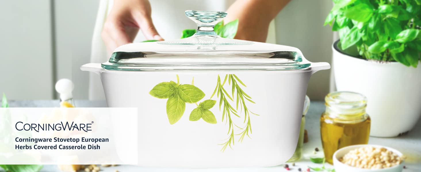 Corningware, casserole dishes, European Herbs, dishwasher safe, microwave safe