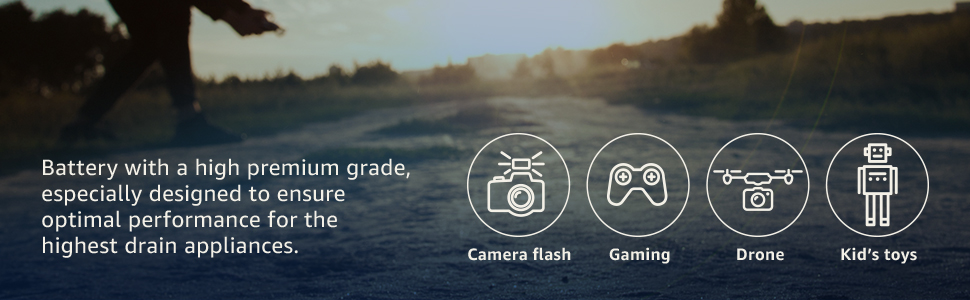 Labels showing camera flash, gaming, drone and kids toys as good usage
