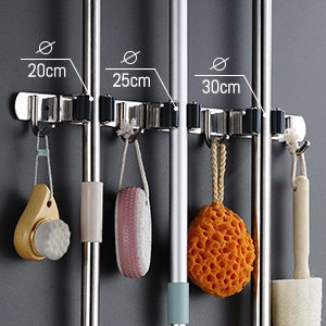 Wall Mount Broom Mop Holder with 3 Racks & 4 Hanger Hooks, Stainless Steel Storage Organizer Tools