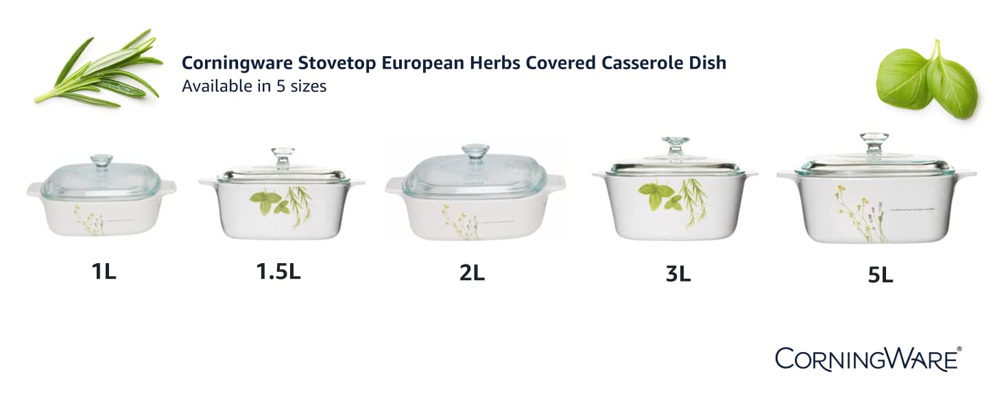 Corningware, casserole dishes, European Herbs, dishwasher safe, microwave safe