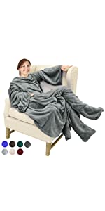 Fleece Blanket with Sleeves and Foot Pockets