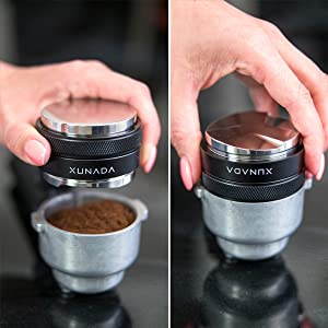 Distributing and tamping coffee grounds for even tamp