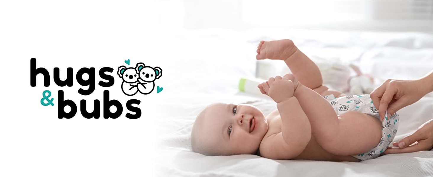 Cute baby with nappy and hugs & bubs logo