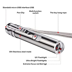 Color Silver Material Stainles Steel Battery Lithium lazer multi function UV Flashlight Red White