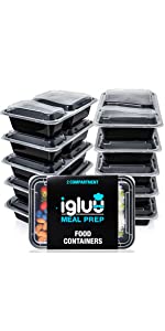2 two double compartment Igluu meal prep containers single section sectioned trays tubs