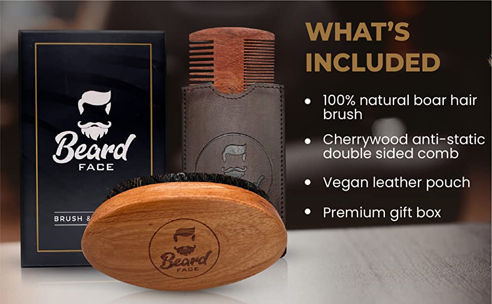 What's Included - Beard Brush, Beard Comb, Pocket Pouch, Premium Gift Box