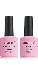 AIMEILI Soak Off UV LED Gel Nail Polish - Base And No Wipe Top Coat Kit Set 10ML