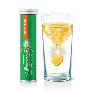Berocca Energy Vitamin tube and glass with fizzing tablet