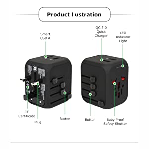 NEWAVE 2 Port USB 4A Smart Universal International Travel Adapter Advanced Technology