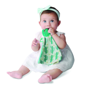 baby chewing green munch it blanket