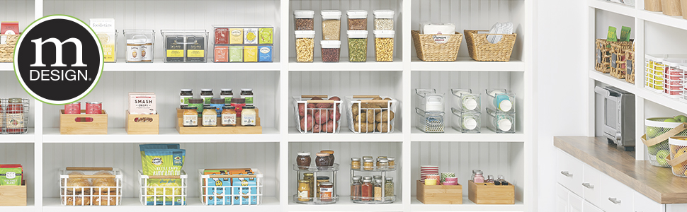 kitchen pantry setting, white shelves, bins, baskets holding organized food items with mDesign logo