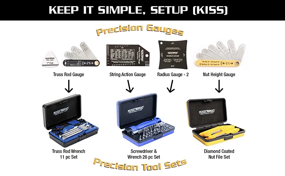 guitar setup, luthier tools, feeler gauges, string action gauge, guitar tools, guitar care, setup