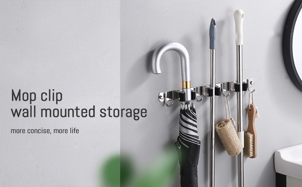 Wall Mount Broom Mop Holder with 3 Racks & 4 Hanger Hooks, Stainless Steel Storage Organizer Tools 