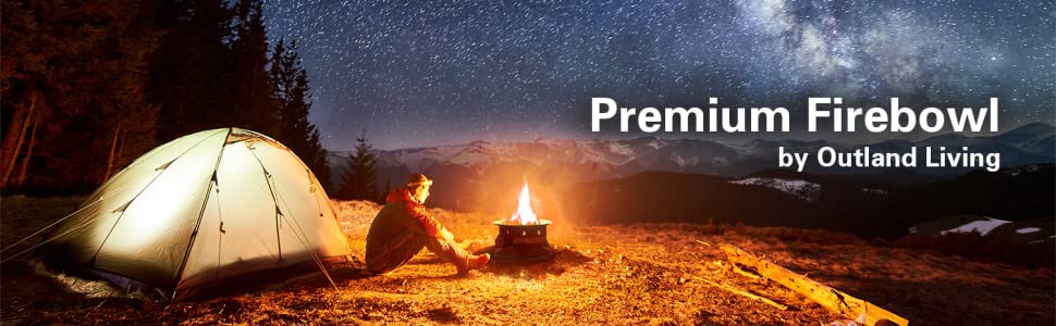 Premium Firebowl next to man in front of tent on mountain under starry night sky