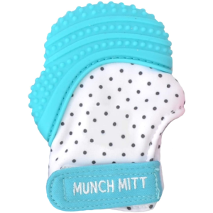 blue munch mitt with dots