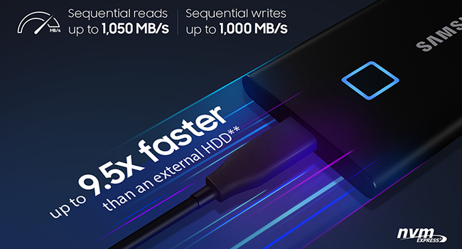 Image of the SSD T7 Touch with text saying up to 9.5x faster than an external HDD