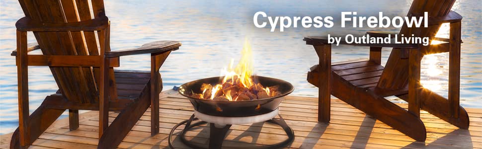 Cypress Firebowl in between two chairs on a dock on the water