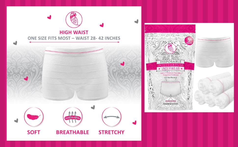 Postpartum underwear info graphic fits waist 28-42 inches