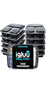 3 triple three compartment Igluu meal prep containers single section sectioned trays tubs