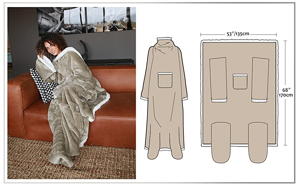 wearable Sherpa blanket with sleeves and feet pocket 