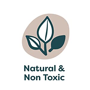 words natural and non toxic with plant icon