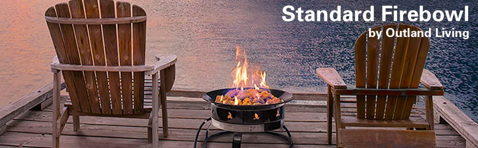 Standard Firebowl in between two chairs on a dock on the water at sunset