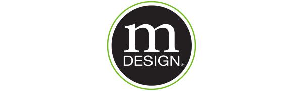 white mDesign logo in a black circle with a green outline on a white background