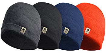 four different coloured beanies, grey, black, navy and orange