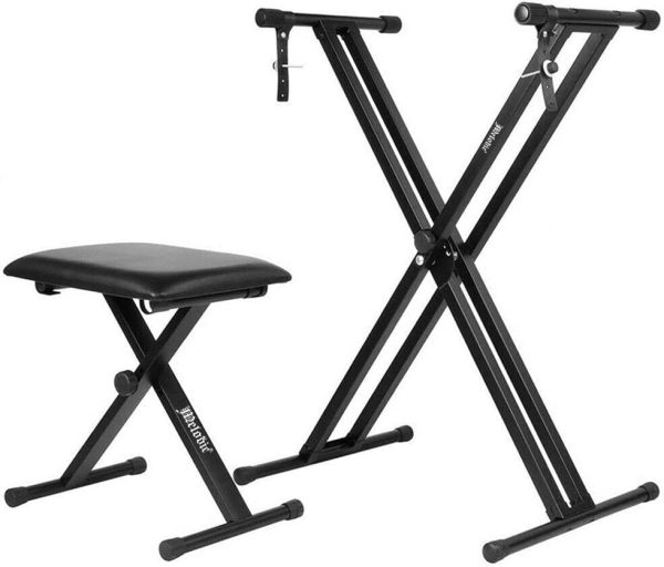 Melodic Adjustable Keyboard Stand Portable Piano Stool X-Shaped Bench Seat Set - Image 9