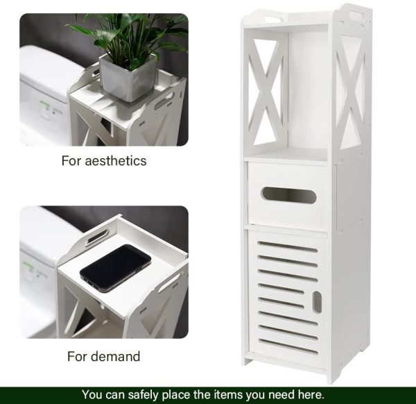 Small Bathroom Storage Corner Floor Cabinet with Doors and Shelves, Thin Toilet Vanity Cabinet, Narrow Bath Sink Organizer, Towel Storage Shelf for Paper Holder, White - Image 6