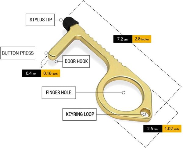 Brass Door Opener Keychain Tool (Pack of 3) - Touchless Germ Free Antimicrobial Key for Opening Handles - Hook Button Pusher, Stylus & Key Ring - Handy Utility Tool for Safety and Hygiene by Mobi Lock - Image 3