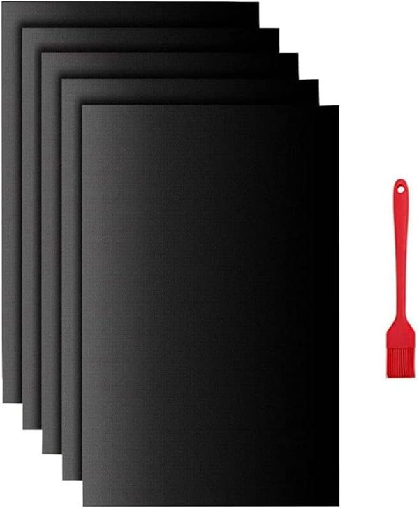 FOCLOVER BBQ Grill mat, 5 BBQ Grill mats + 1 Brushes, Non-Stick Hand Reusable, Suitable for Gas Charcoal Electric Barbecue Grill (Black) (33 x 40 cm)