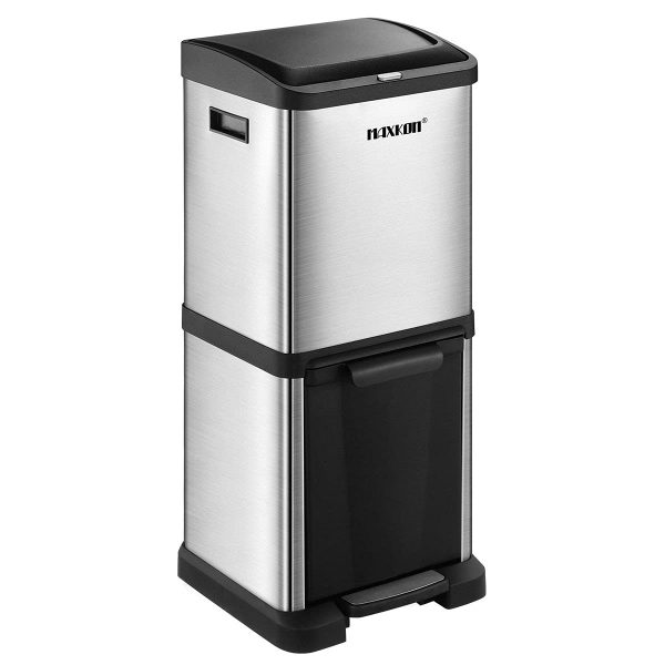 Maxkon 34L Dual Rubbish Bin Pedal Kitchen Waste Bin Trash Can Dustbin Garbage Stainless Steel Sliver - Image 4