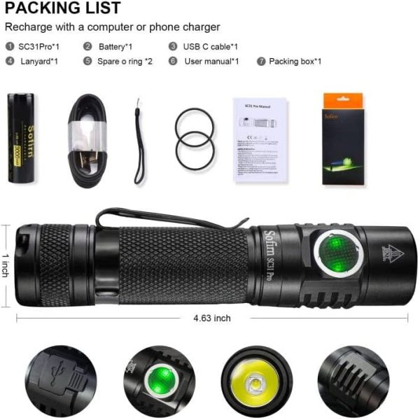 SC31 Pro Rechargeable Flashlight 2000 Lumen, Pocket Light with Powerful SST40 LED, Anduril UI for Camping Hiking Fishing etc, Battery and USBC Cable Included - Image 4