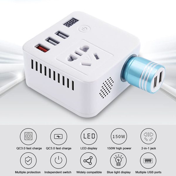 Car Power Inverter 150W DC 12V/24V to AC 240V Voltage Converter with 3 USB Ports Quick Charging QC3.0 Outlet Adapter with Switch LCD Screen Display Cigarette Lighter Socket - Image 4