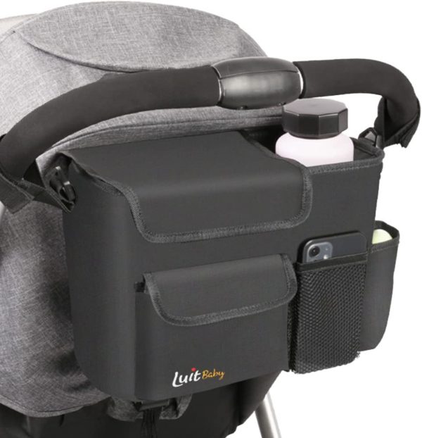 LuitBaby Large Universal Pram Organiser Bag and Pram Caddy with Insulated Cup and Phone Holder | Stroller Accessories Organizer and Waterproof Bottle Holder and Shoulder Strap (black) - Image 5