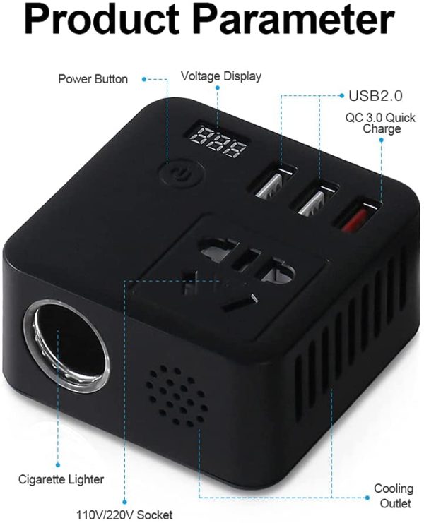 Car Power Inverter 150W DC 12V/24V to AC 240V Voltage Converter with 3 USB Ports Quick Charging QC3.0 Outlet Adapter with Switch LCD Screen Display Cigarette Lighter Socket - Image 6