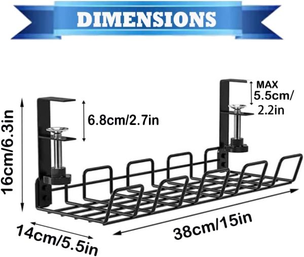 Cable Management Under Desk As Cord Basket Tray for Cable Organize,Detachable No Drill Wire Management Rack As Computer Cable Management,Under Desk Storage Shelf (Black)