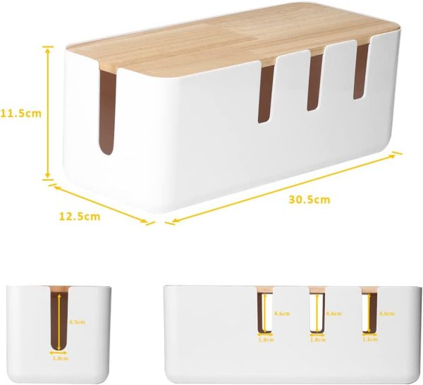 Cable Management Box by , 12"x5"x4.5", Wood Lid, Cord Organizer for Desk TV Computer USB Hub System to Cover and Hide & Power Strips & Cords - Image 5