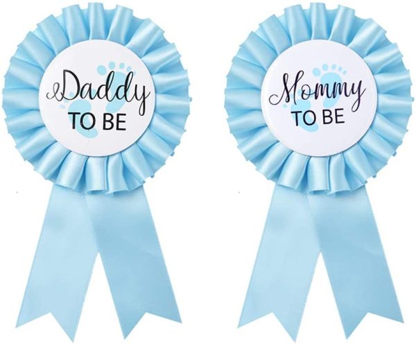 Daddy to be & Mom to be Tinplate Badge Pin - Baby Shower Button New Dad Gifts Gender Reveals Party Baby Boy Blue Rosette Button Baby Celebration (Sky Blue) - Image 2