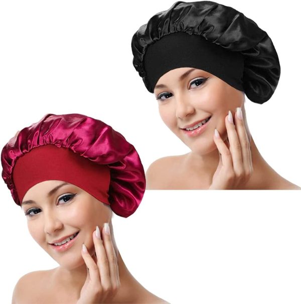 MAG 2pcs Silk Bonnet with Soft Elastic Band, Breathable Satin Hair Bonnet for Sleeping Suitable for Long, Straight and Curly Hair (Vine & Black) - Image 6