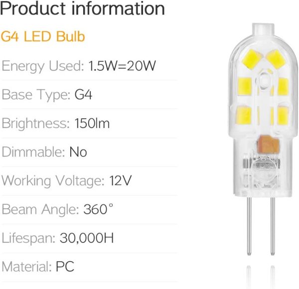 G4 LED Bulb - AC/DC 12V JC G4 Bi Pin Bulb, Type G4 Halogen 10W-20W T3 Halogen Track 64440 Bulb Not Dimmable Replacement 5-Pack (Daylight White 6000K) P-VIP 100-120/1.0 E23h - Image 2