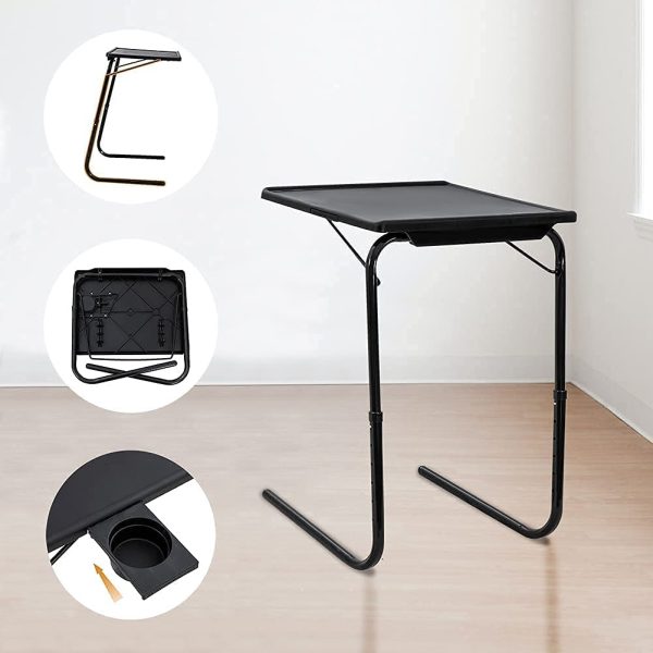 Foldable Table Adjustable Tray Portable Folding Laptop Desk Removable Cup Holder (Black)