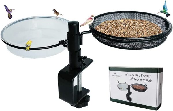 HLTOP Deck Bird Feeders Deck Mount Bird Bath with Metal Mesh Tray and Water Bowl - Detachable and Adjustable Heavy Duty Sturdy Clamp Stand - Balcony Bird Feeder Perfect for Attracting Birds - Image 7