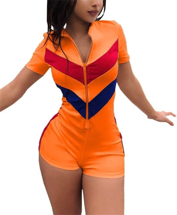 Women Colorblock Tracksuit Set Long Sleeve High Waist Short Pants Set Colour Jumpsuits