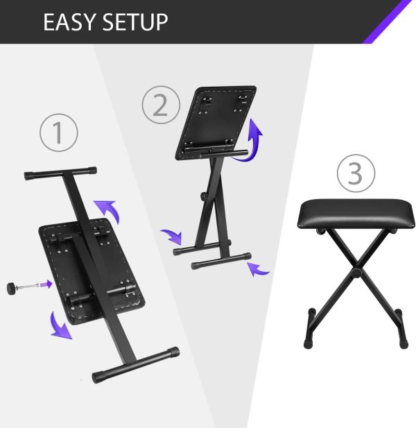 Melodic I Style Adjustable Keyboard Stand Folding Piano Stool Seat Chair Set - Image 2