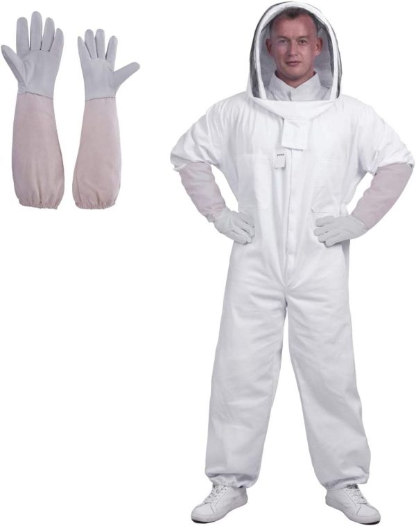 HunterBee Suit and Glove 2 in 1/ Professional White Cotton Full Body Beekeeping Beekeeper Suit with Veil Hood, Self-Supporting Veil - Image 6