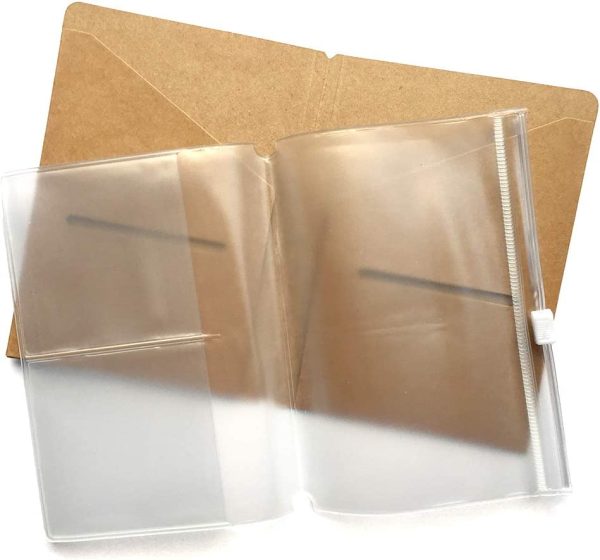 Kraft File Folder + Zipper Pouch Refill Pack for Small Passport Travellers Notebook 5"x3.65" - Brown Card Holder + PVC Clear Pocket Insert for Pocket Leather Journals