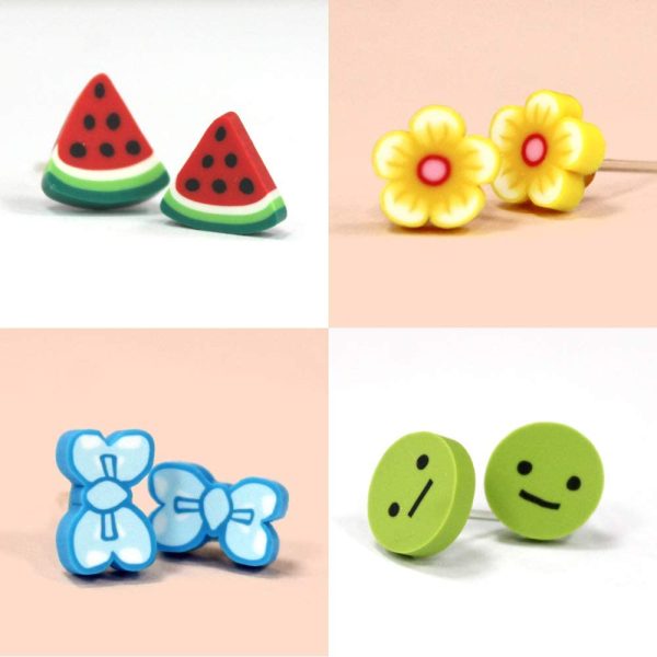 Girl??s Hypoallergenic Earrings Set, Wisdom1674 100 Pairs Handmade Mixed Color Soft Clay Pottery Cute Animals Flower Fruit Sushi Ice Cream Love Heart Stud Earrings Set for Women Girls - Image 2